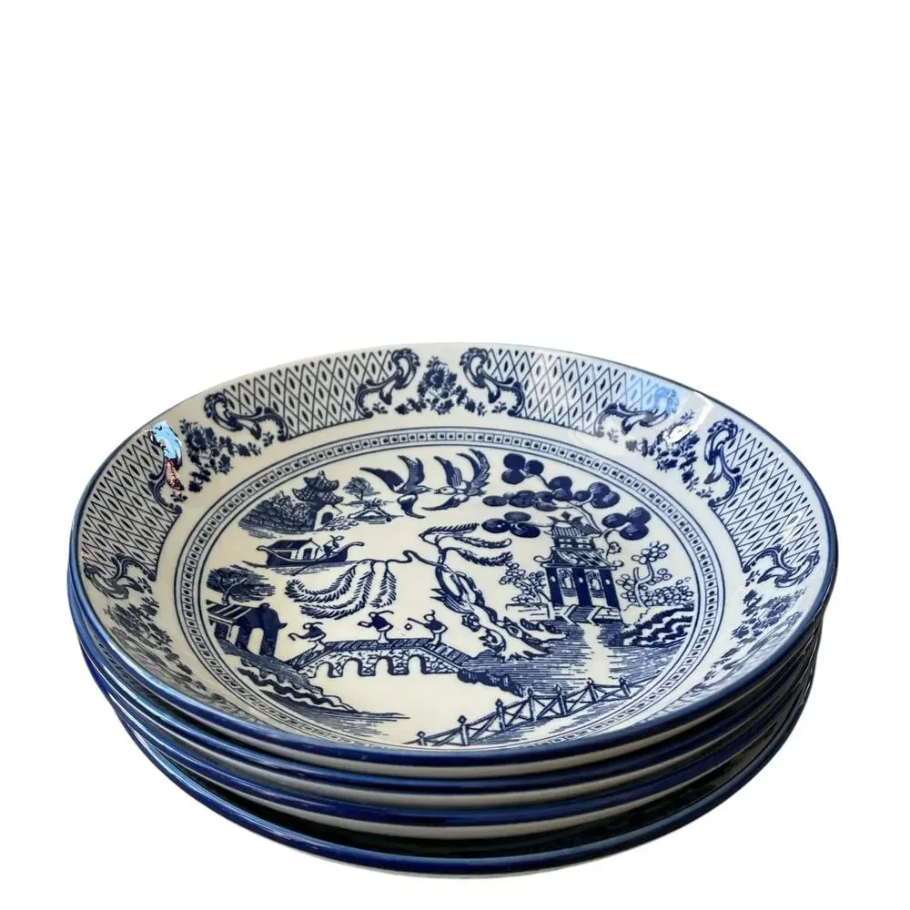 Eaton Fine Dining English Willow 9in Pasta Bowls Blue & White Set of 4 NEW